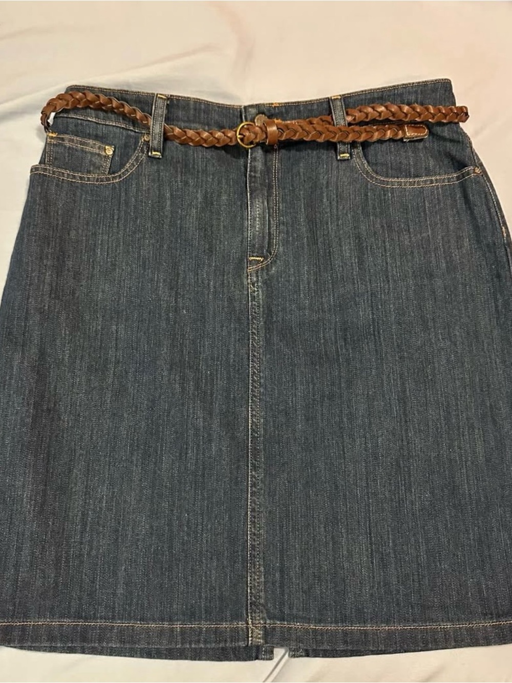L.L. Bean Dark Blue Denim Straight Skirt with Brown Braided Belt